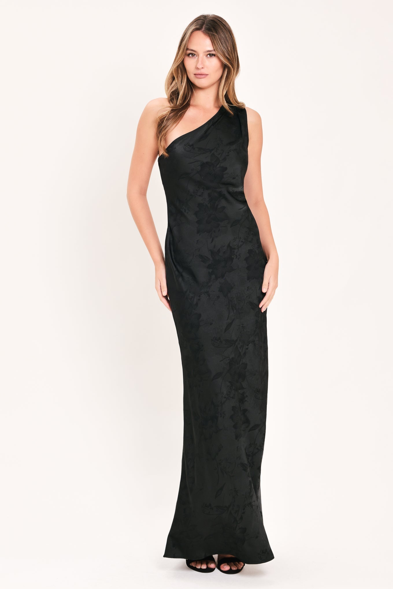 ROSE SOLSTICE ONE SHOULDER BLACK SATIN MAXI DRESS