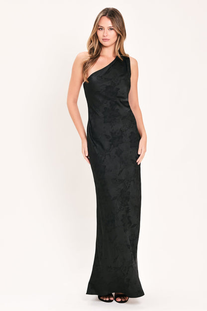 ROSE SOLSTICE ONE SHOULDER BLACK SATIN MAXI DRESS