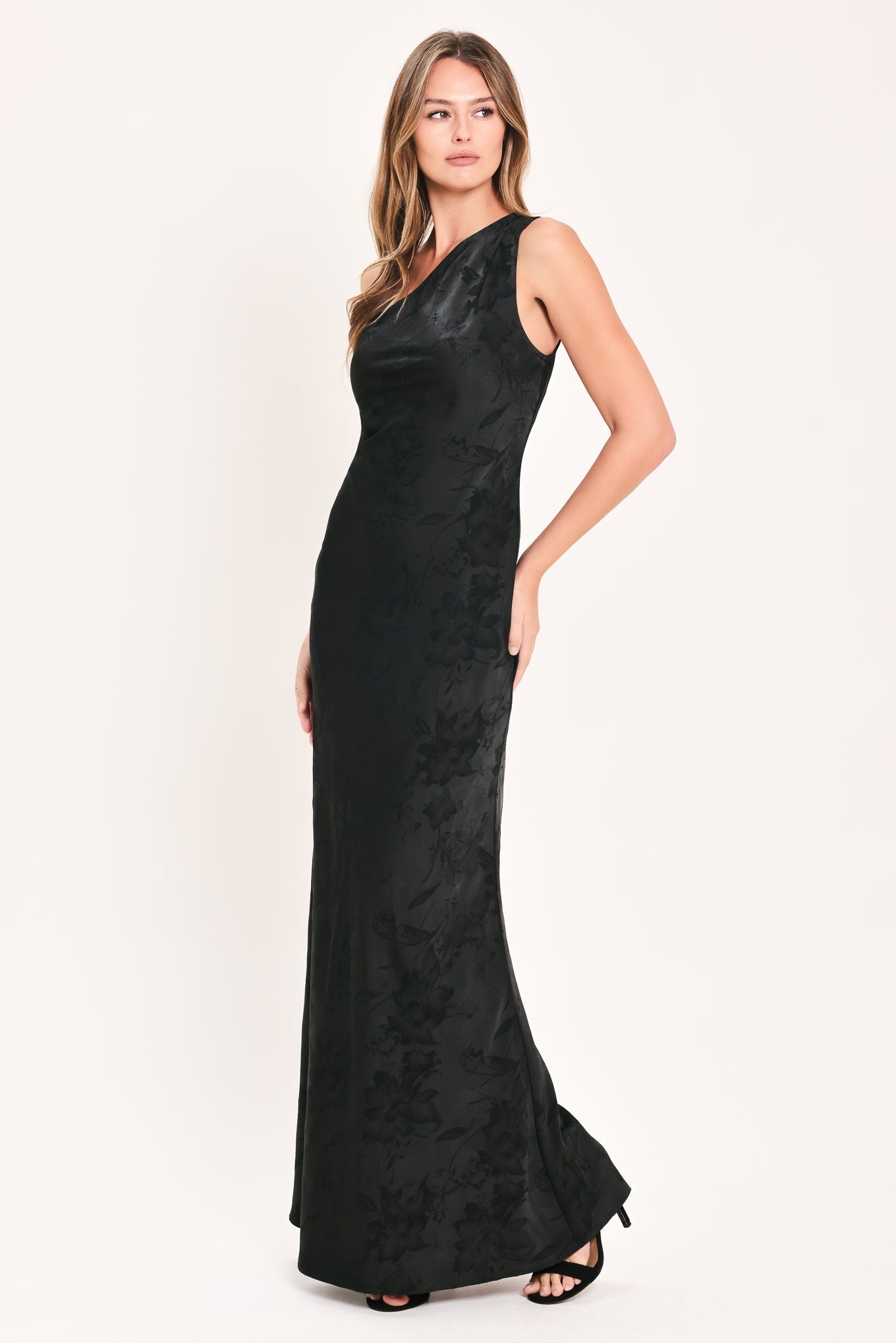 ROSE SOLSTICE ONE SHOULDER BLACK SATIN MAXI DRESS
