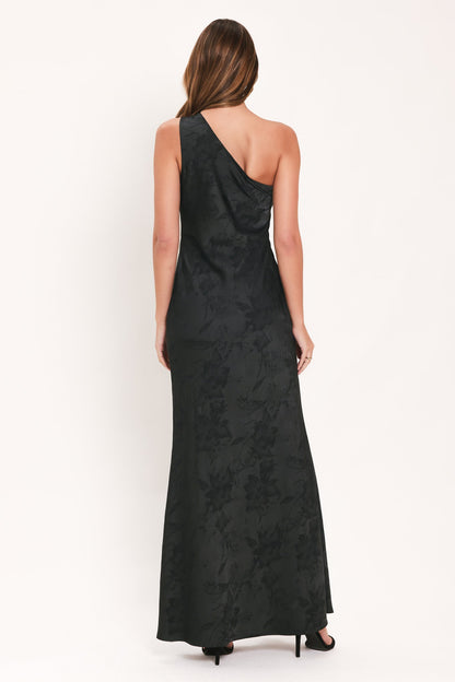 ROSE SOLSTICE ONE SHOULDER BLACK SATIN MAXI DRESS
