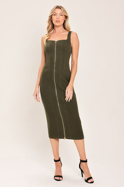 MODERN CARGO CHIC OLIVE ZIP FRONT MIDI DRESS
