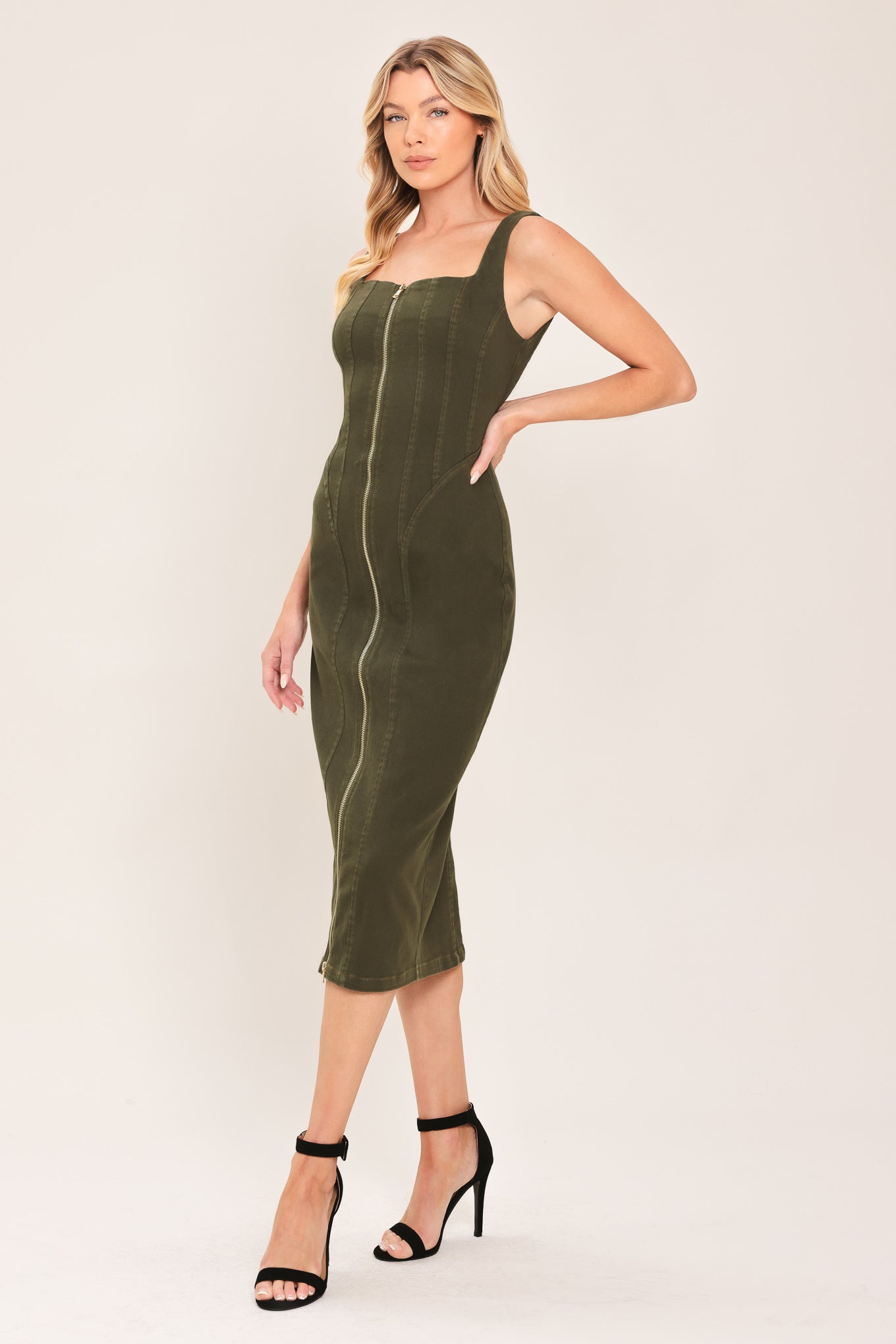 MODERN CARGO CHIC OLIVE ZIP FRONT MIDI DRESS
