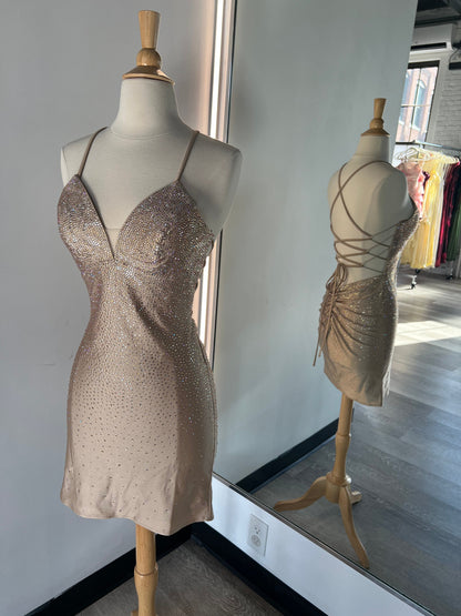 NOVALEE MINI CHAMPAGNE HOT STONE LACE-UP DRESS