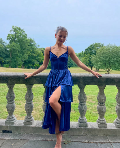 Maeve Corset Midi Dress Navy Satin