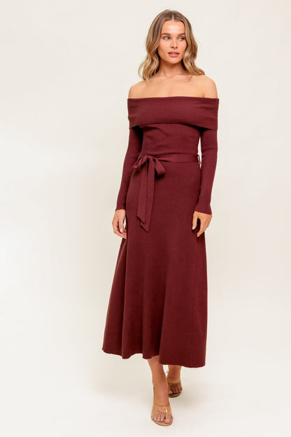 RUSTIC RETREAT OFF THE SHOULDER SWEATER DRESS