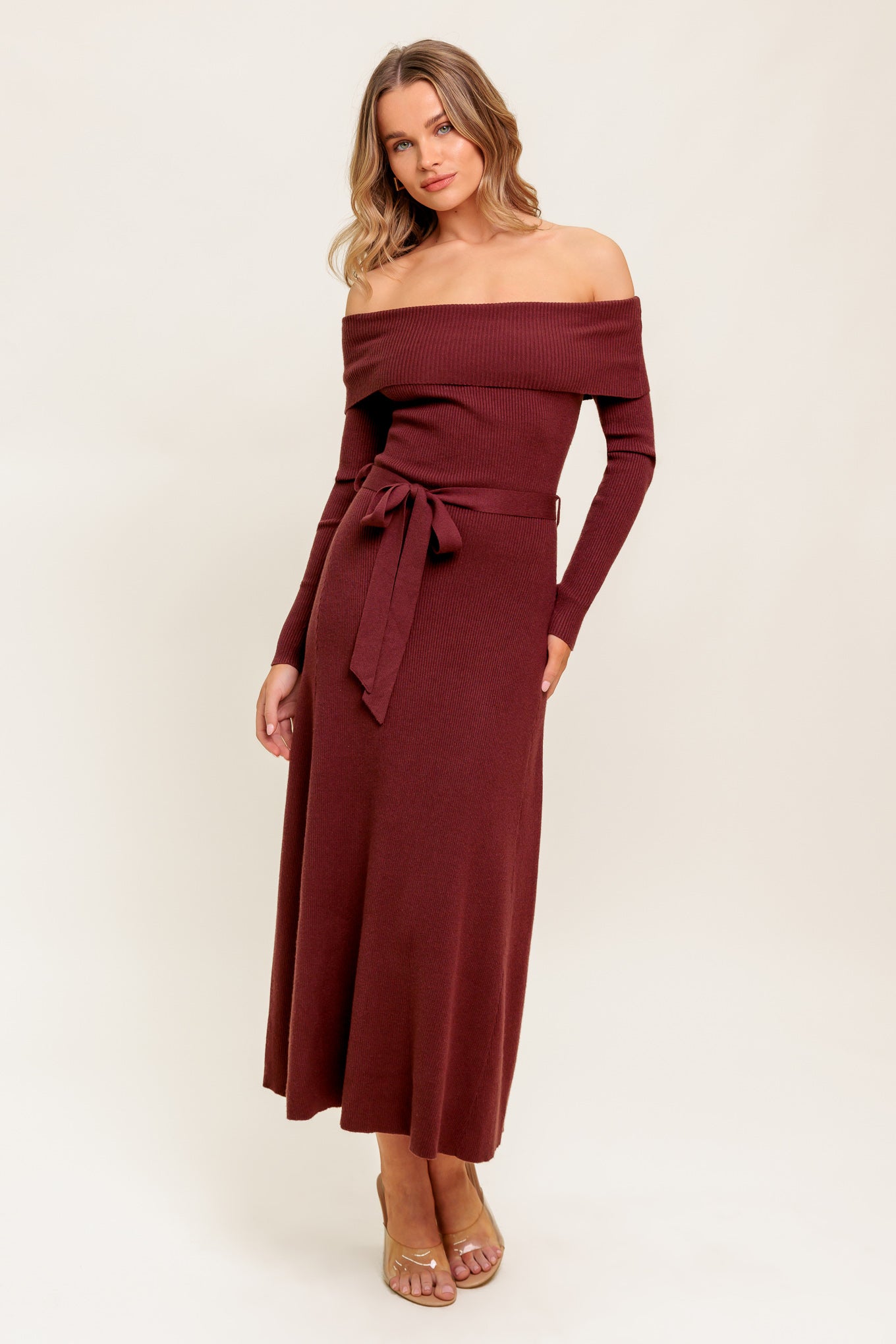 RUSTIC RETREAT OFF THE SHOULDER SWEATER DRESS