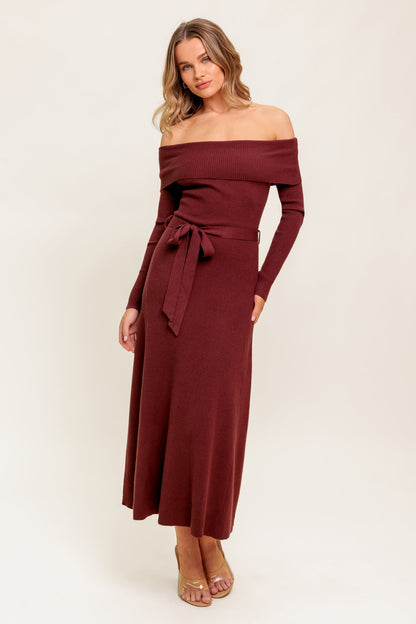 RUSTIC RETREAT OFF THE SHOULDER SWEATER DRESS