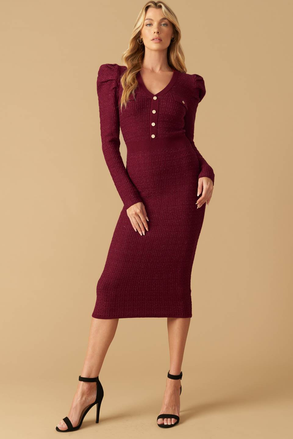 Size Small, YOUNG LOVE BURGUNDY PUFF SLEEVE SWEATER DRESS FINAL