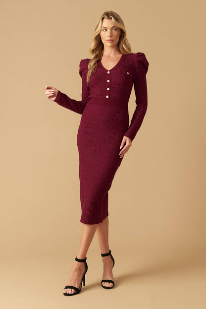 Size Small, YOUNG LOVE BURGUNDY PUFF SLEEVE SWEATER DRESS FINAL