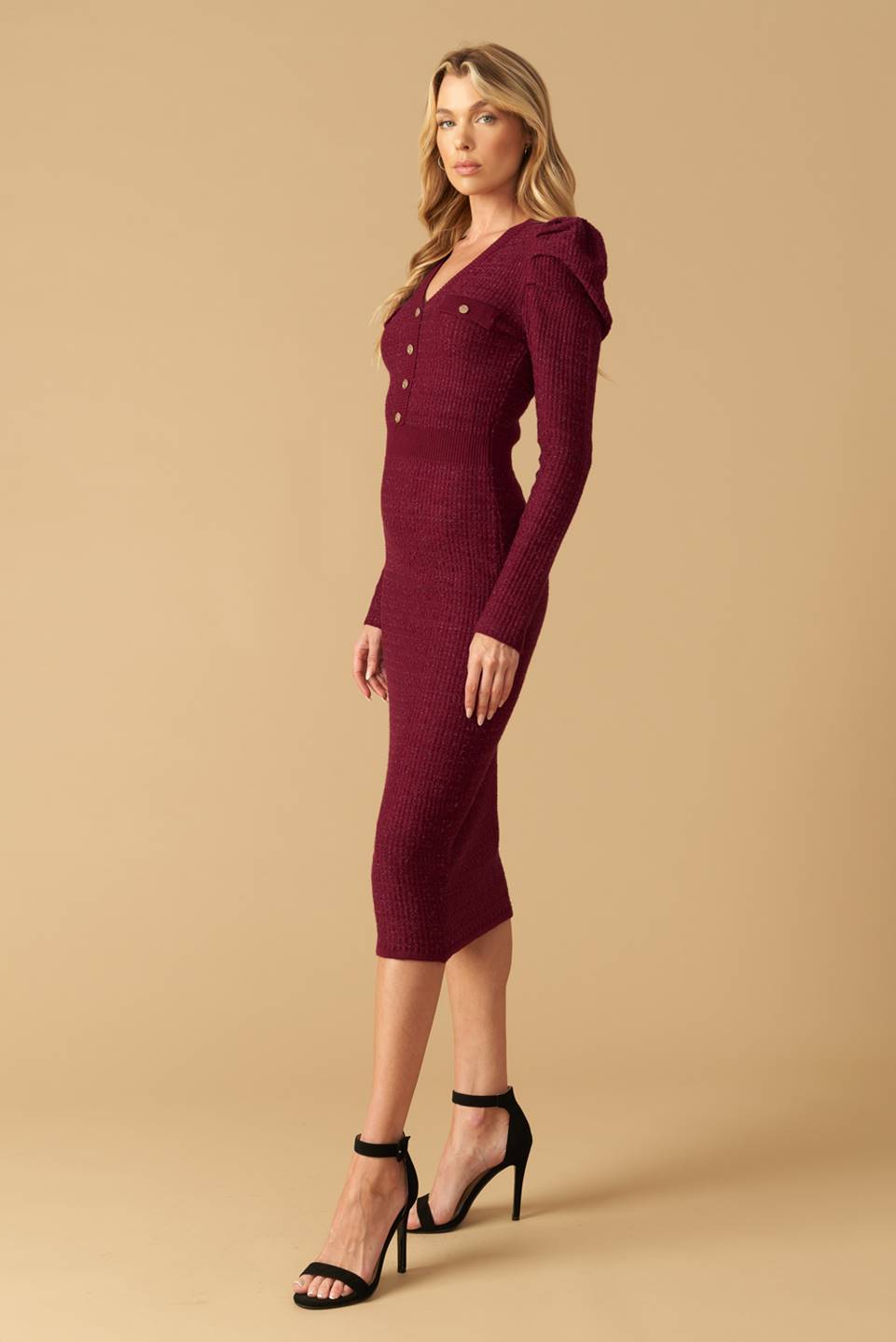 Size Small, YOUNG LOVE BURGUNDY PUFF SLEEVE SWEATER DRESS FINAL