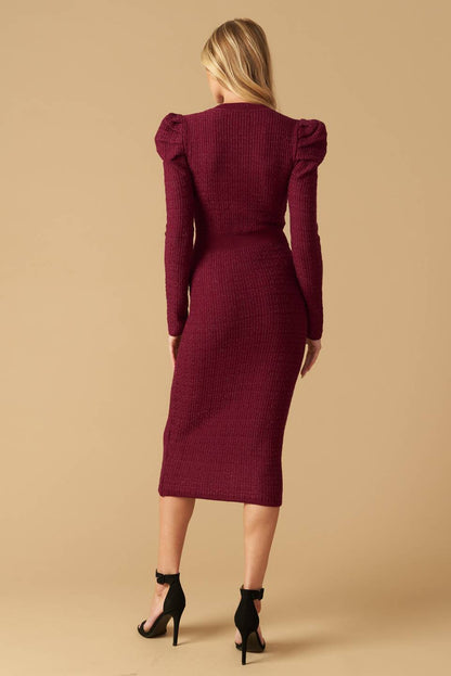 Size Small, YOUNG LOVE BURGUNDY PUFF SLEEVE SWEATER DRESS FINAL