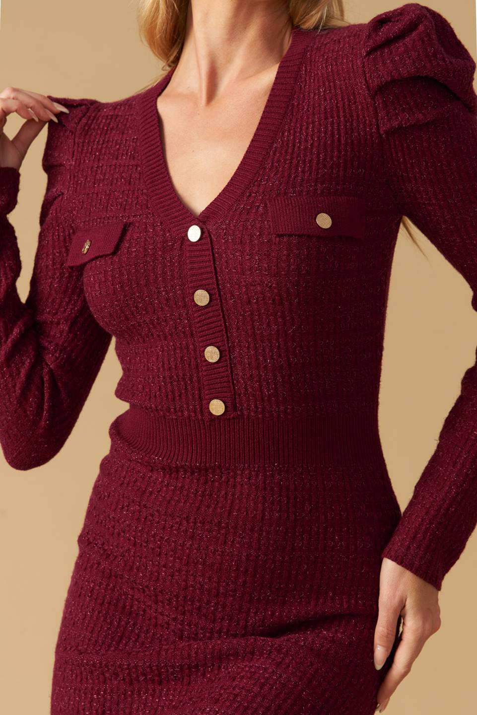 Size Small, YOUNG LOVE BURGUNDY PUFF SLEEVE SWEATER DRESS FINAL