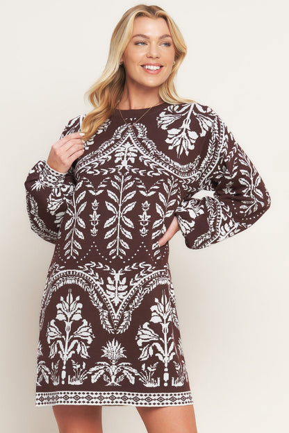 TERRA TAPESTRY BROWN SWEATER KNIT MINI DRESS