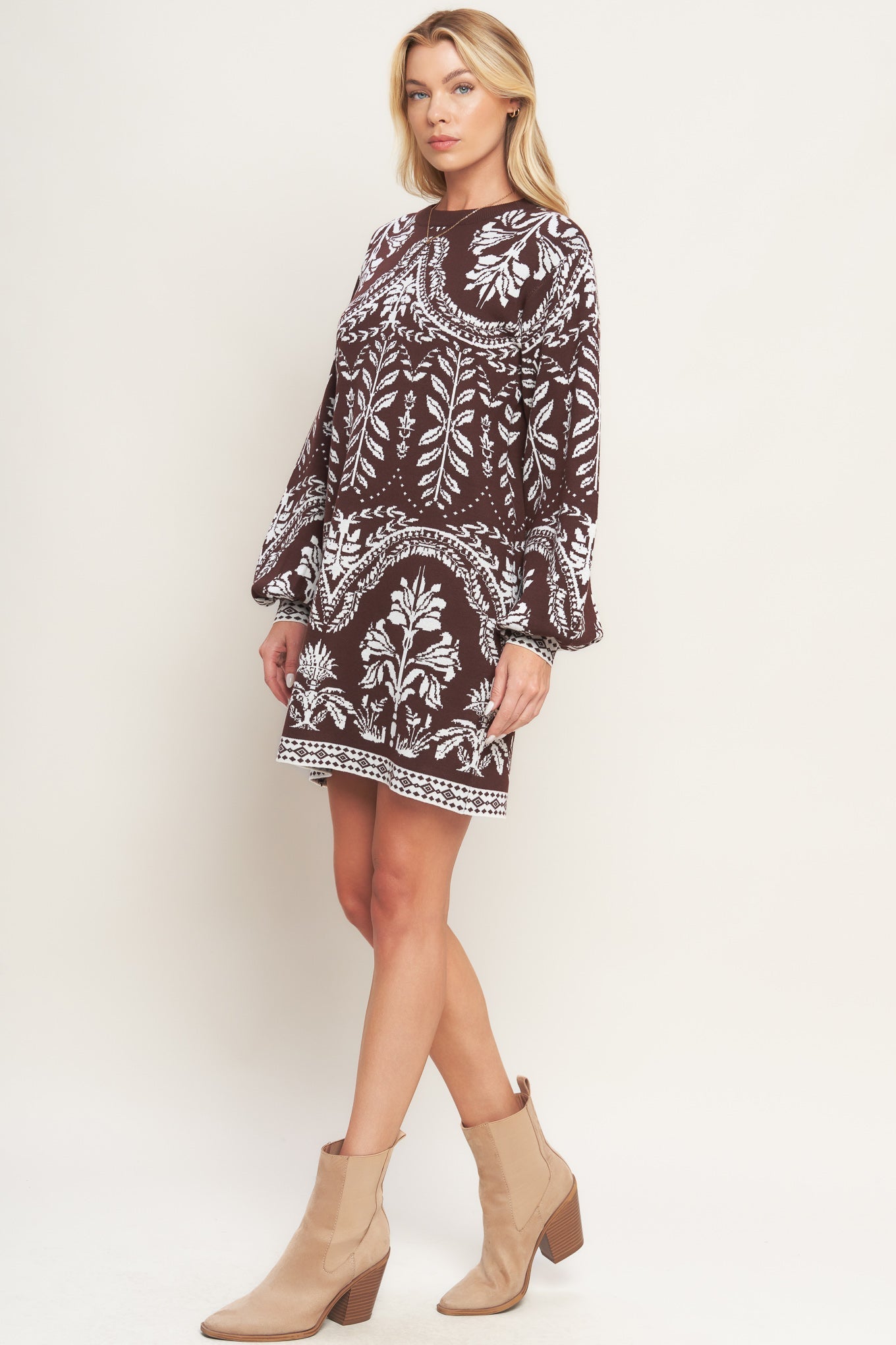 TERRA TAPESTRY BROWN SWEATER KNIT MINI DRESS
