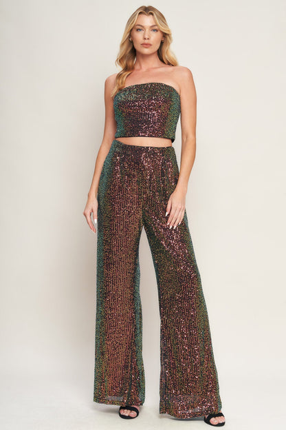 CHARMING COMPOSURE SPARKLY SEQUIN CROP TOP & PANT SET