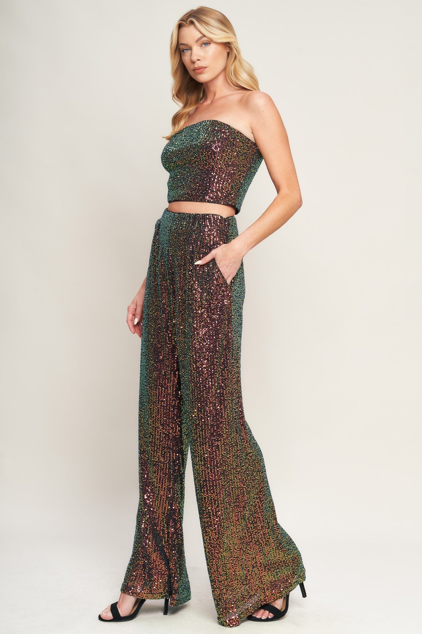 CHARMING COMPOSURE SPARKLY SEQUIN CROP TOP & PANT SET