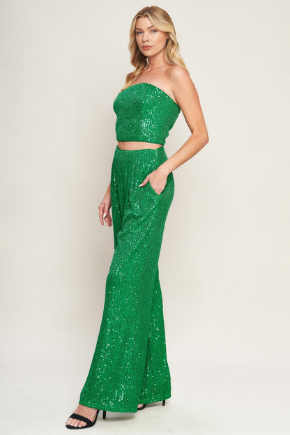 CHARMING COMPOSURE SPARKLY SEQUIN CROP TOP & PANT SET