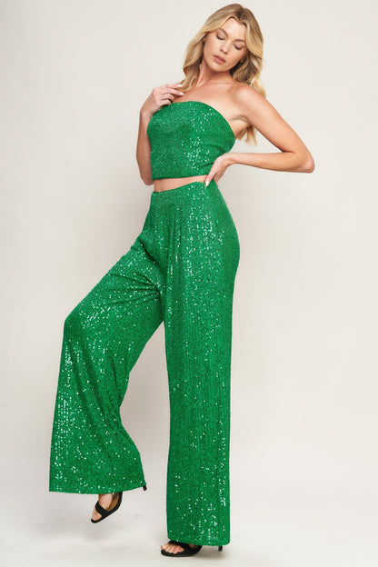 CHARMING COMPOSURE SPARKLY SEQUIN CROP TOP & PANT SET