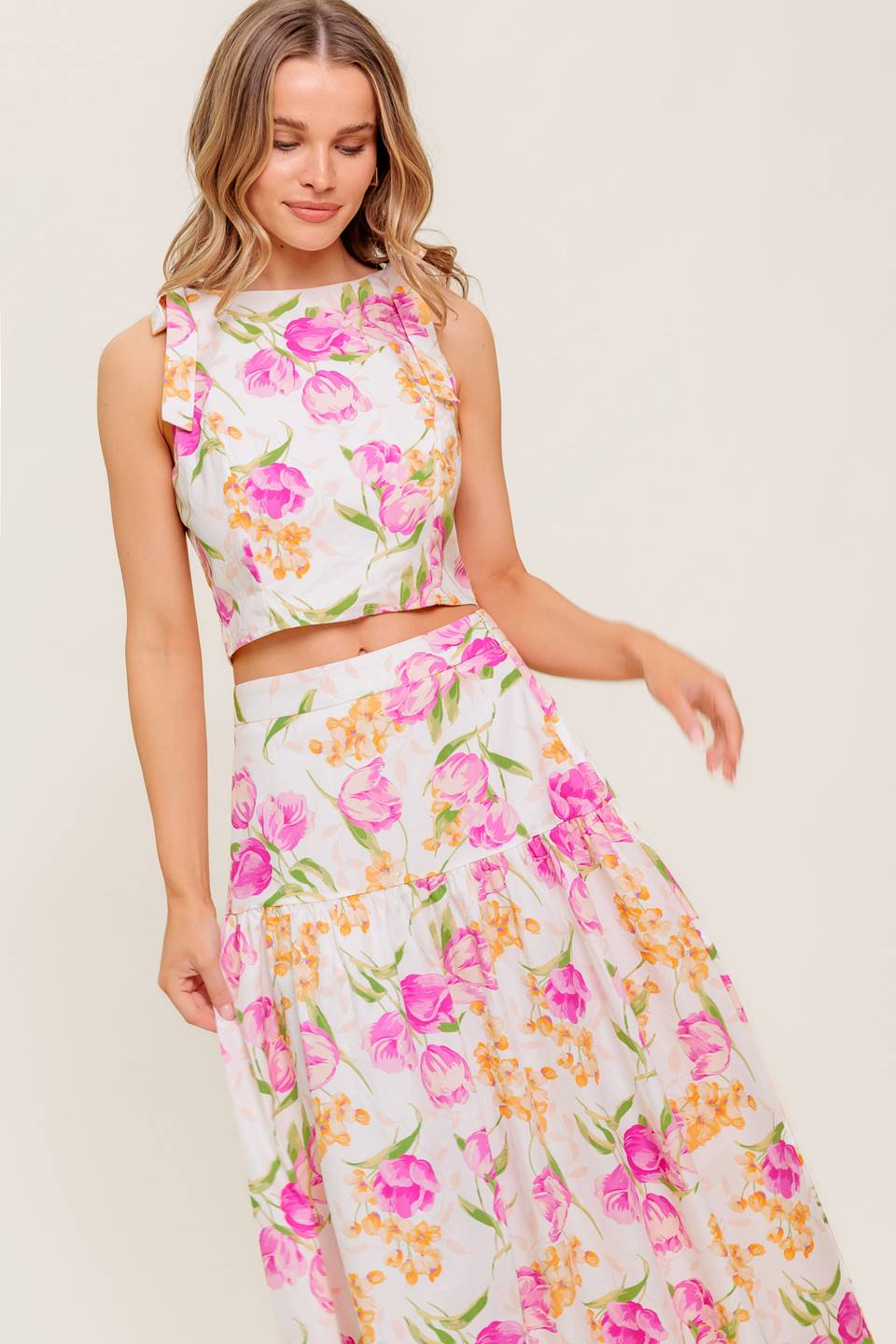PINK TULIP GARDEN TOP & MIDI SKIRT SET