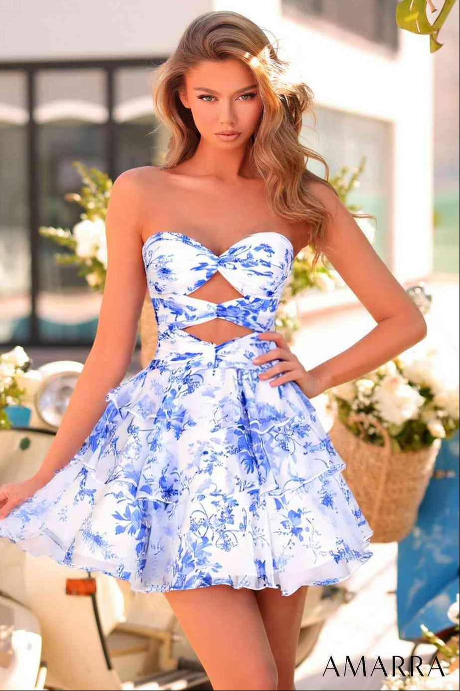89052 Amarra Floral Strapless Mini Party Dress