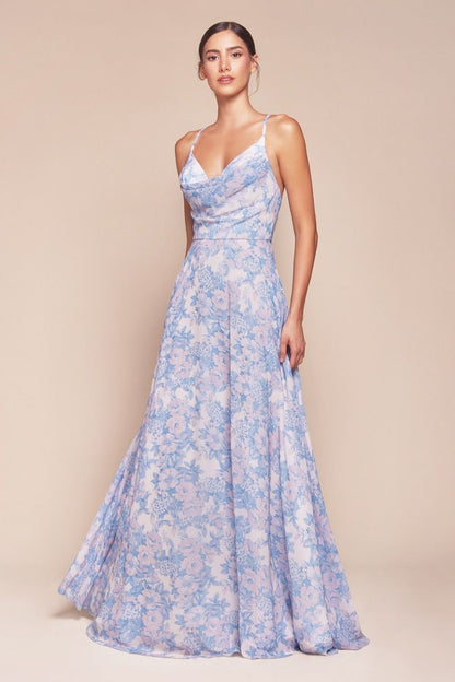 IRIS GOWN BLUE A- SOFT CHIFFON PRINT DRESS