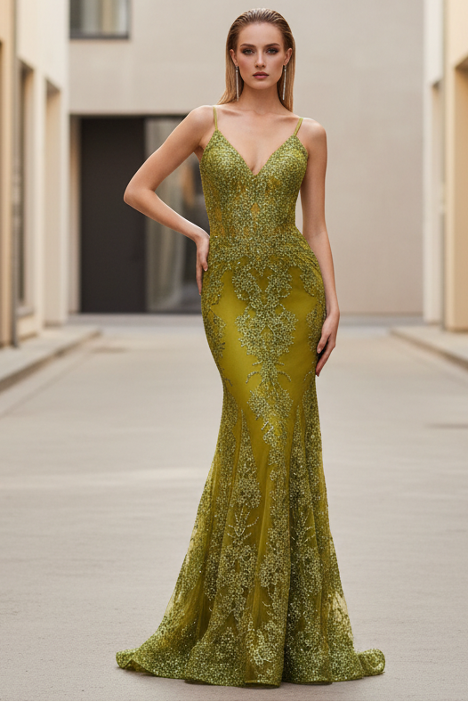 Lyra Gown Greenery FITTED FLORAL GLITTER PRINT CORSET GOWN