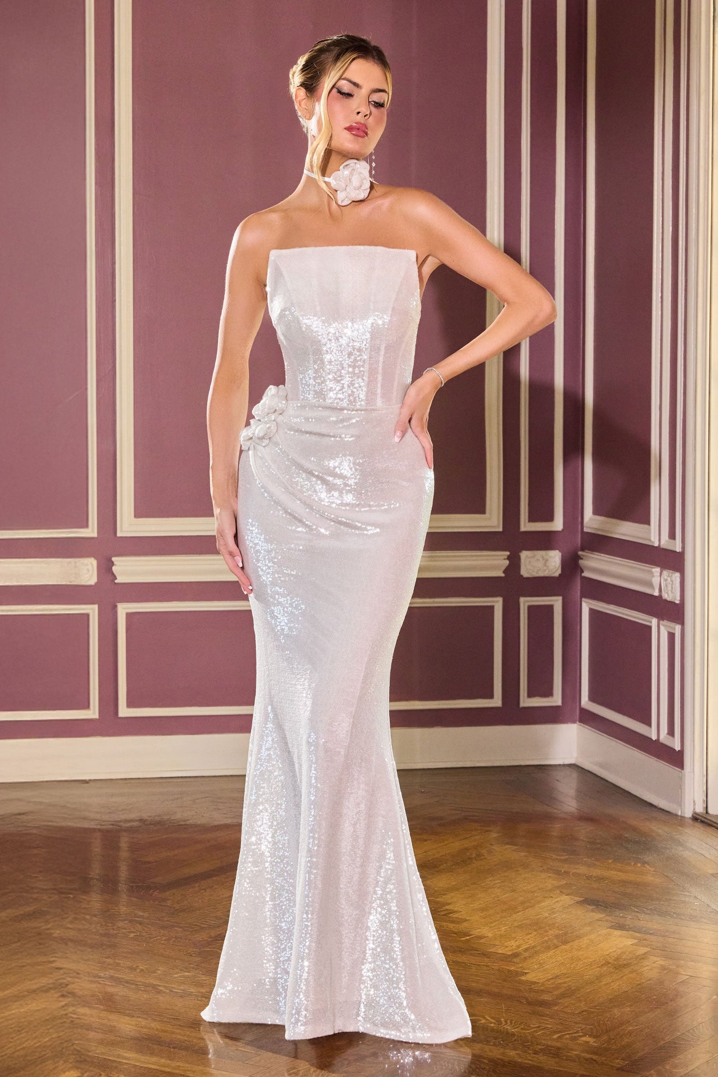Vanya Gown Rosette Sequin Evening Dress & Choker