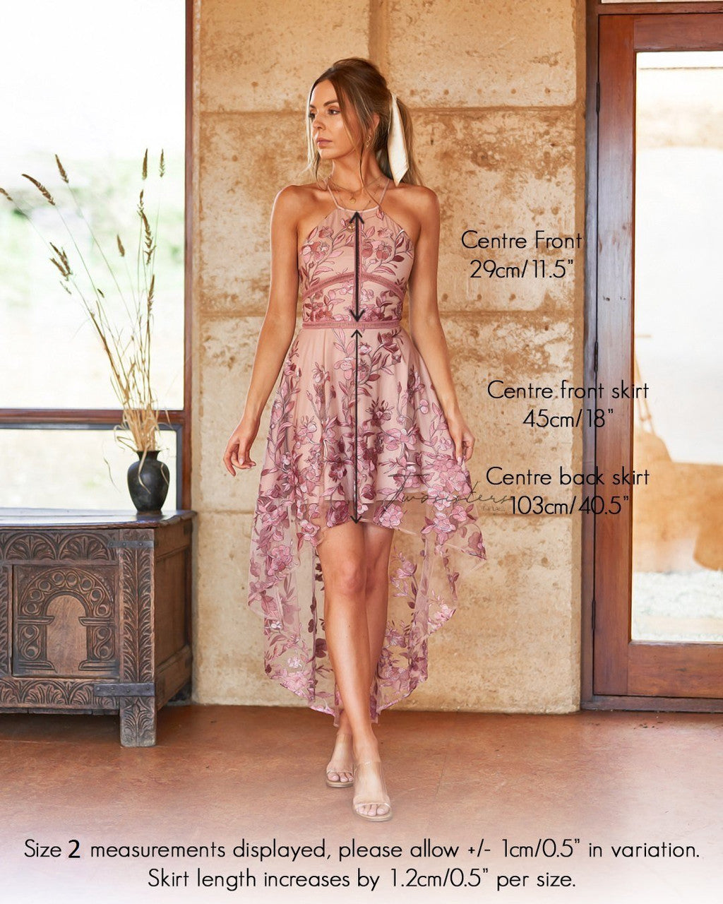 Jennifer Dress Embroidered Floral High-Low Hemline