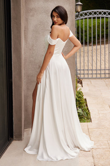 JILLIAN GOWN OFF WHITE A- SOFT SATIN OFF THE SHOULDER DRESS