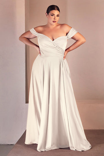 JILLIAN GOWN OFF WHITE A- SOFT SATIN OFF THE SHOULDER DRESS