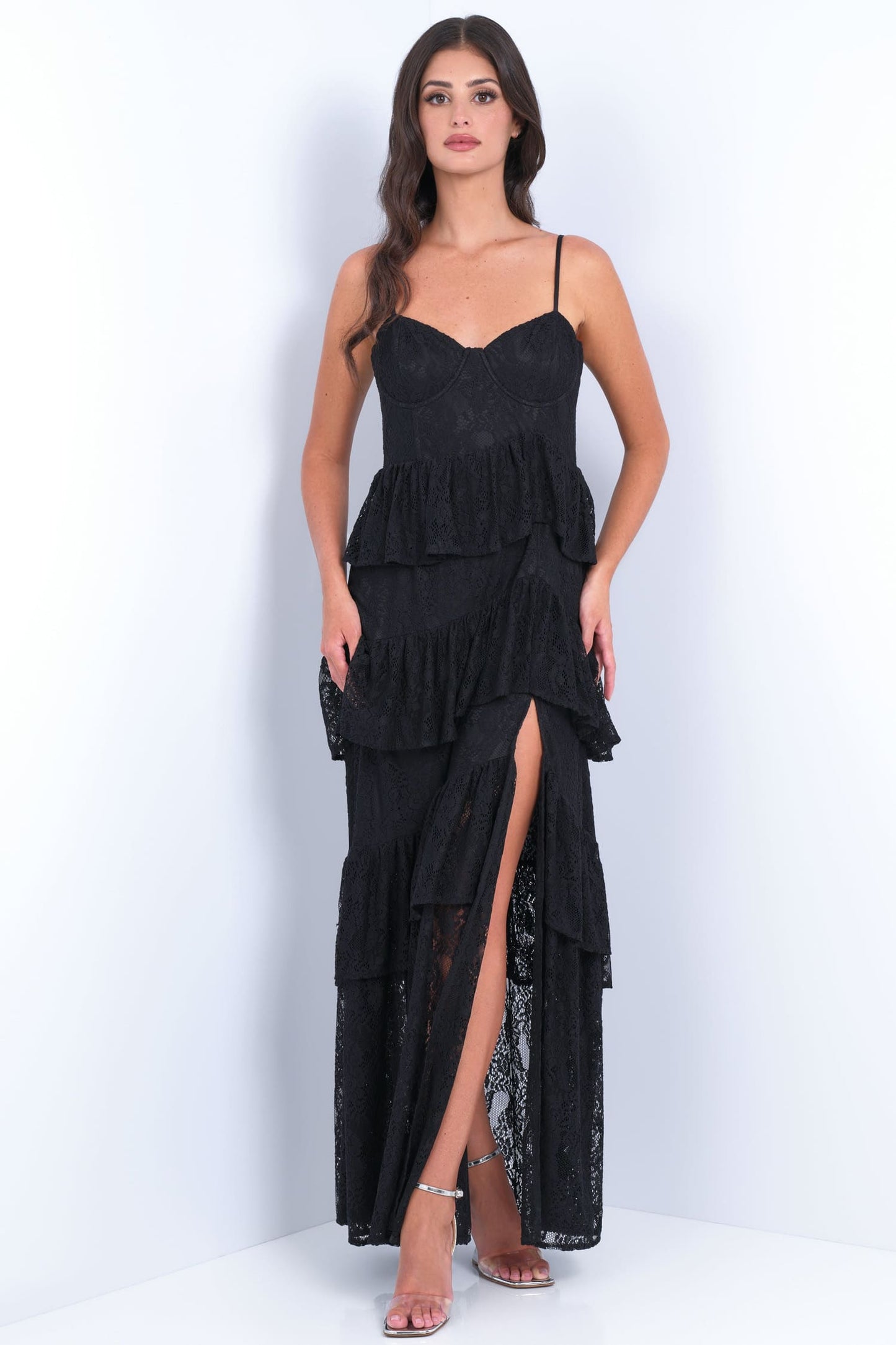 Vanna Lace Tiered Maxi Dress Black