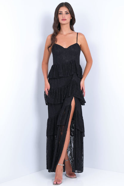 Vanna Lace Tiered Maxi Dress Black