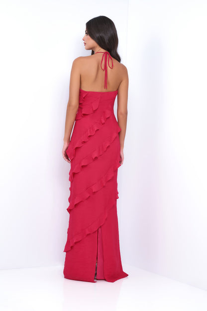 Remi Red Maxi Dress Halter Neck, Open Back, Ruffle Detail