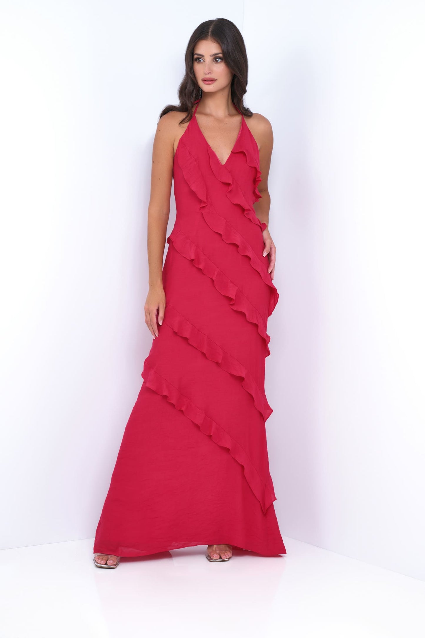 Remi Red Maxi Dress Halter Neck, Open Back, Ruffle Detail