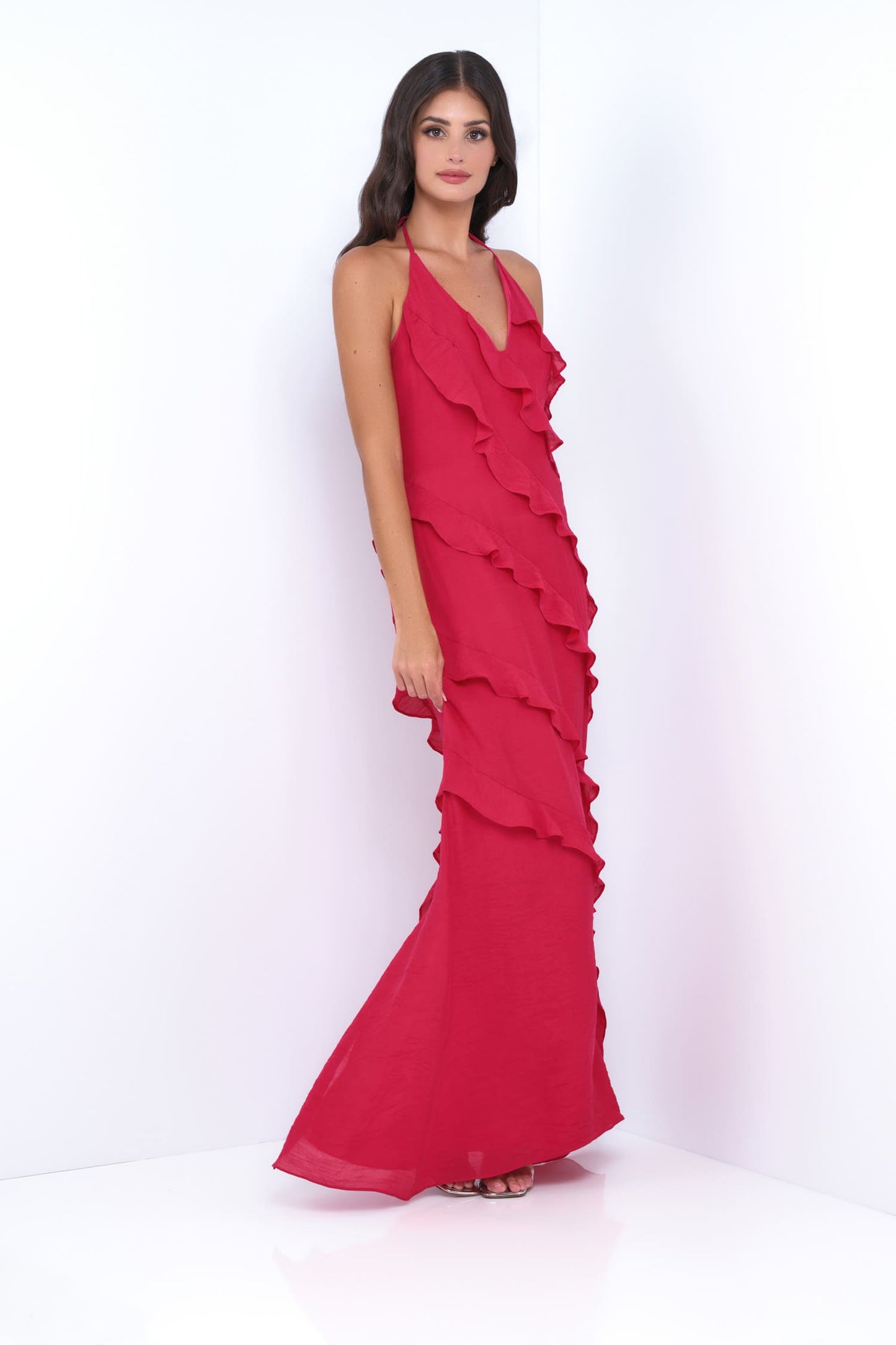 Remi Red Maxi Dress Halter Neck, Open Back, Ruffle Detail