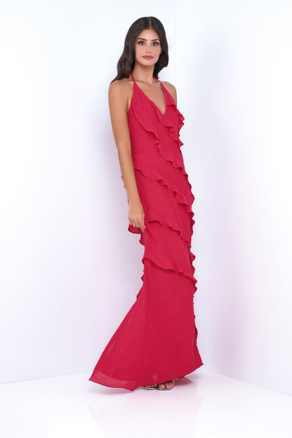 Remi Red Maxi Dress Halter Neck, Open Back, Ruffle Detail