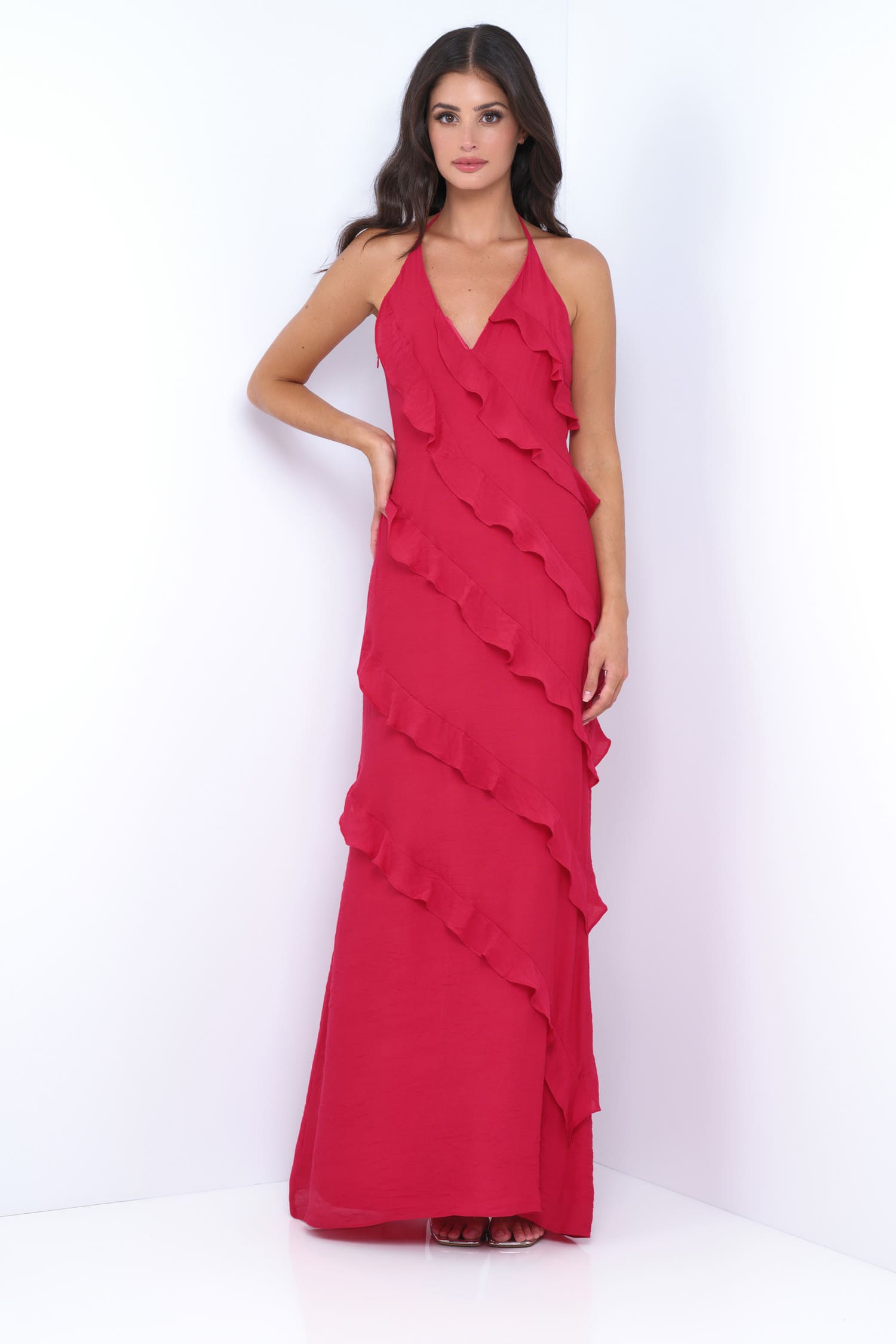 Remi Red Maxi Dress Halter Neck, Open Back, Ruffle Detail