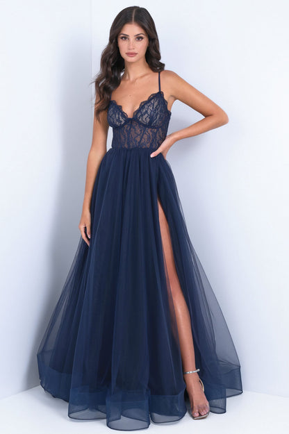 Dani Gown Navy Lace & Tulle A- Dress