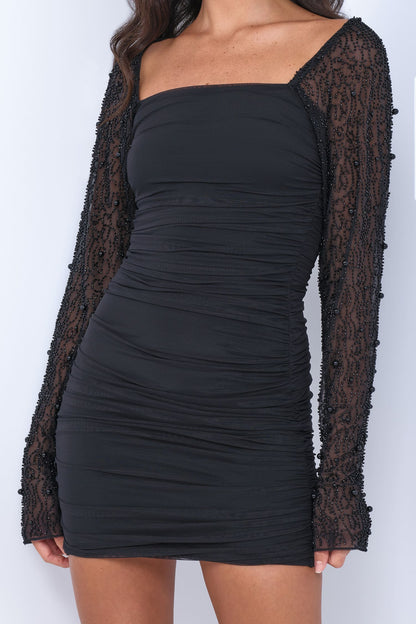 Athena Pearl Sleeve Mini Dress Black