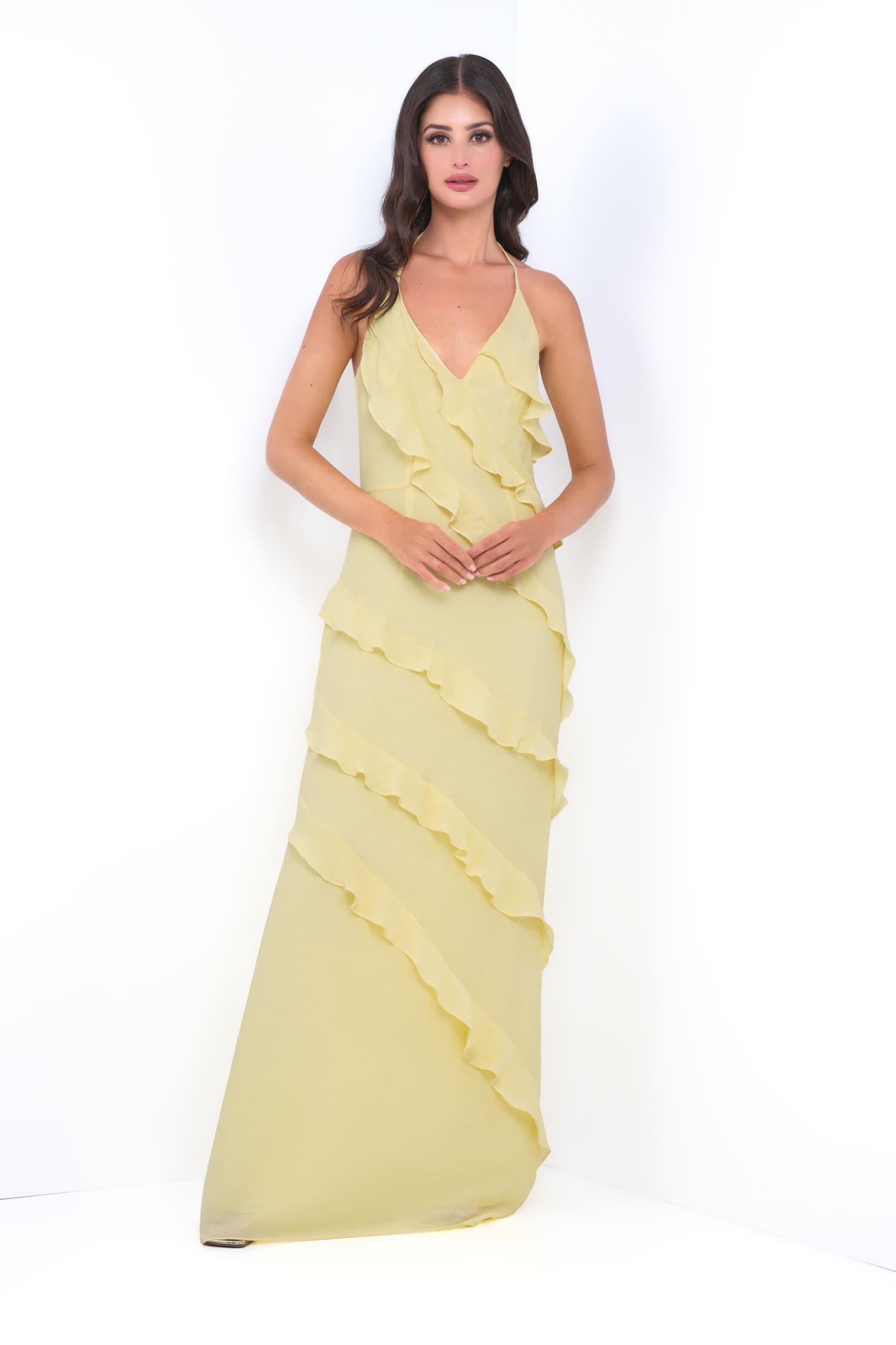 Remi Yellow Maxi Dress Halter Neck, Open Back & Ruffle Detail