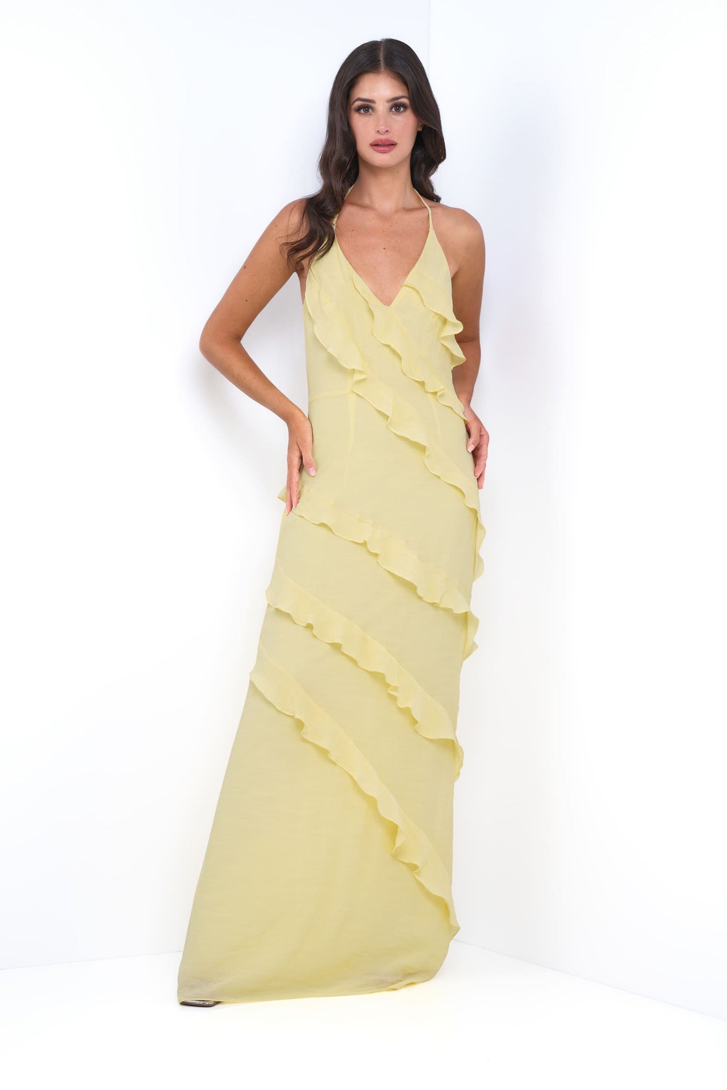 Remi Yellow Maxi Dress Halter Neck, Open Back & Ruffle Detail