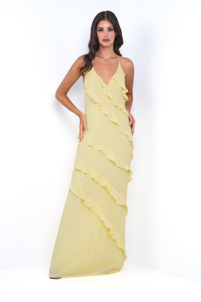 Remi Yellow Maxi Dress Halter Neck, Open Back & Ruffle Detail