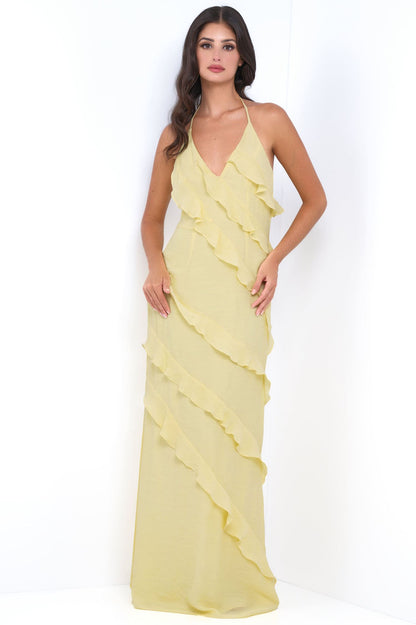 Remi Yellow Maxi Dress Halter Neck, Open Back & Ruffle Detail