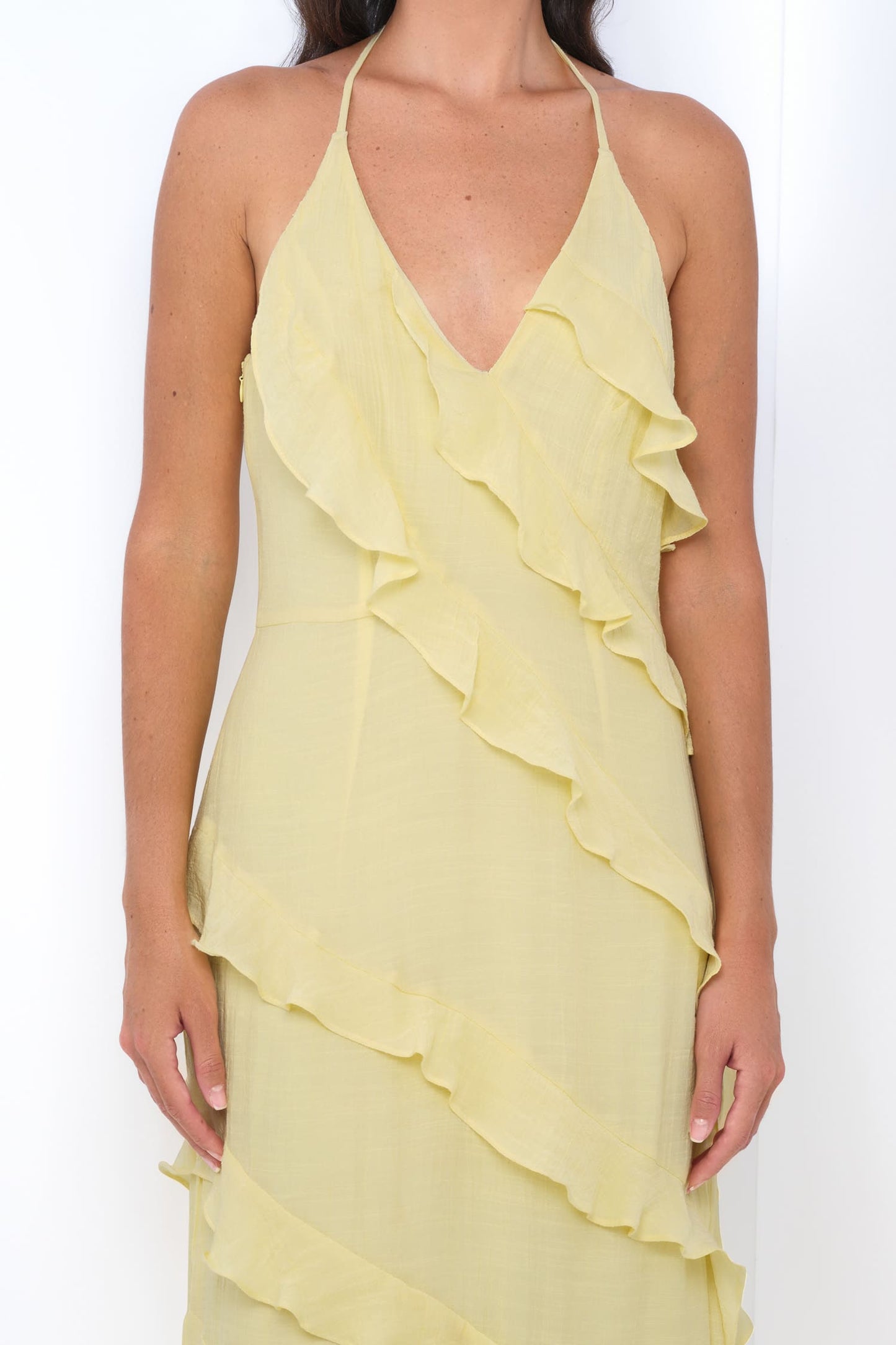 Remi Yellow Maxi Dress Halter Neck, Open Back & Ruffle Detail