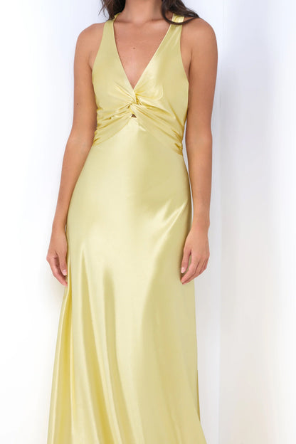 Odette Maxi Dress Yellow Open Back With Adjustable Bow Tie Detail