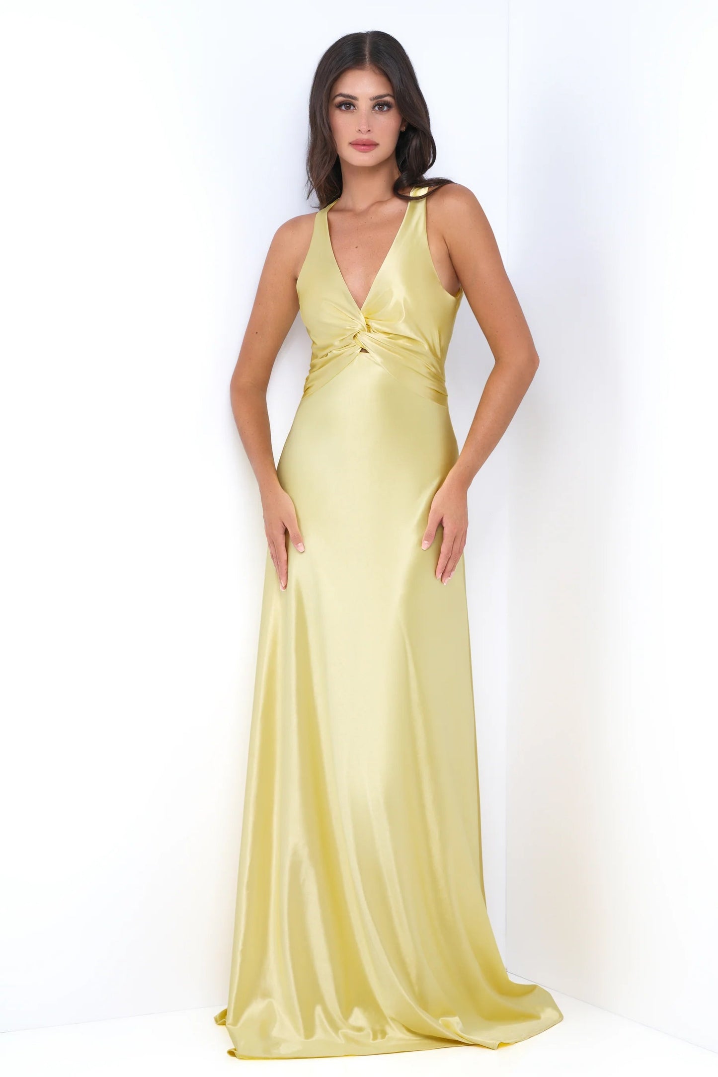 Odette Maxi Dress Yellow Open Back With Adjustable Bow Tie Detail