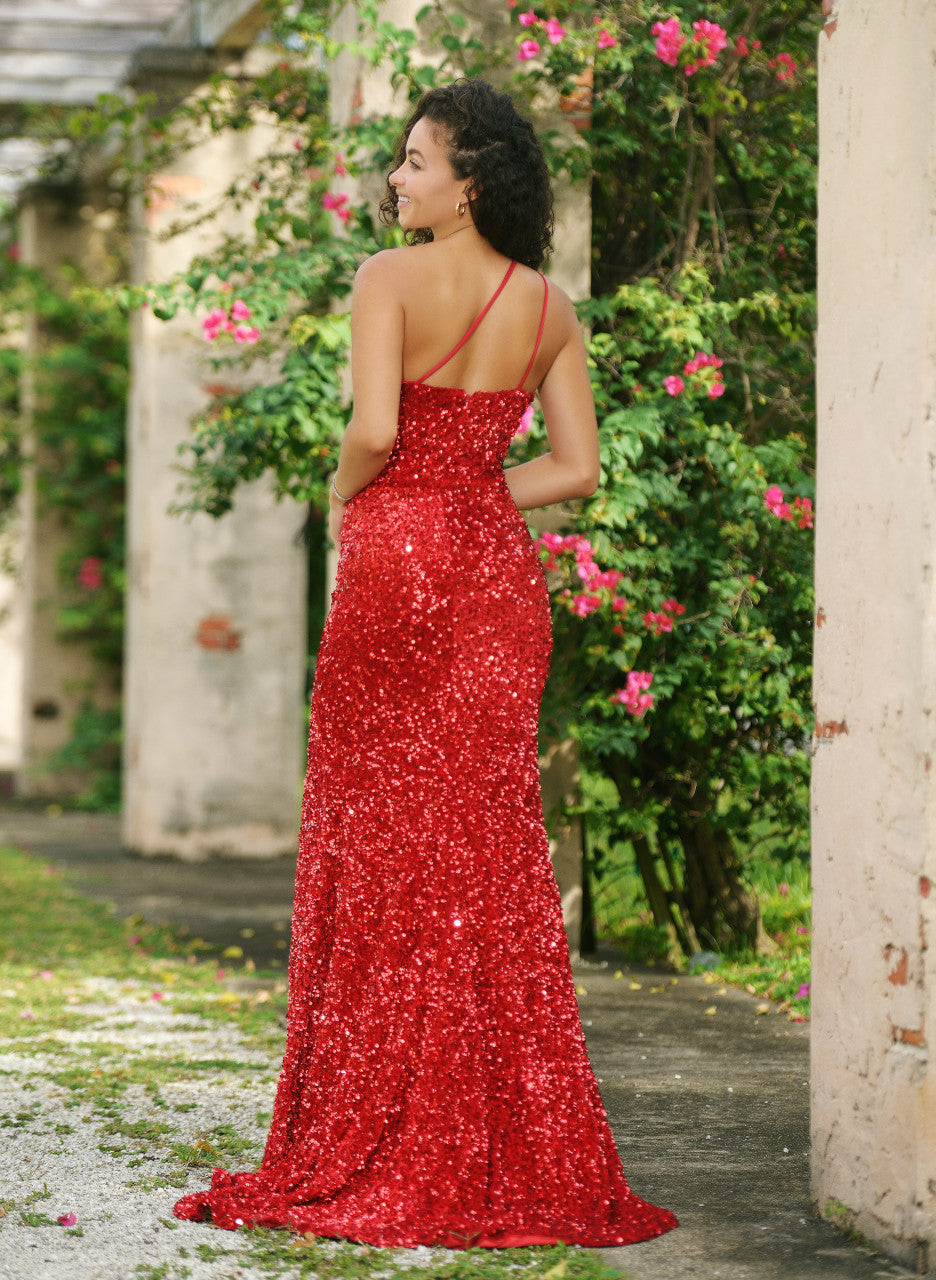 Size 2, Stardust One Shoulder Sequin Gown Red FINAL