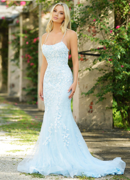 Size 10, The Dutchess Gown Light Blue Floral Lace Dress With Straight Neckline FINAL