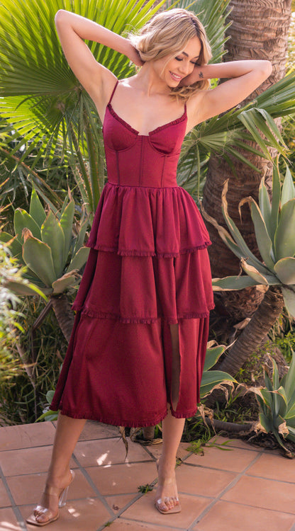 Maeve Corset Midi Dress Burgundy Satin