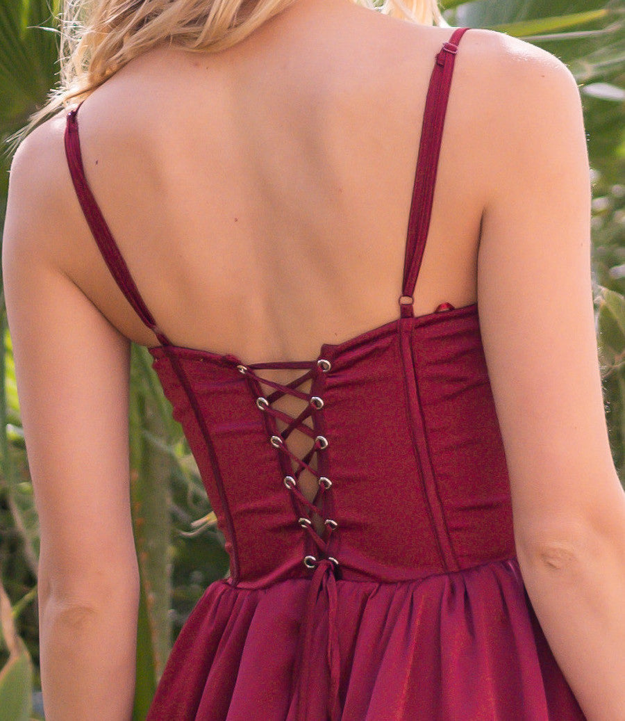 Maeve Corset Midi Dress Burgundy Satin